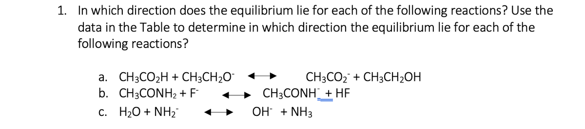 1. In which direction does the equilibrium lie for each of the following reactions? Use the
data in the Table to determine in which direction the equilibrium lie for each of the
following reactions?
a. CH3CO2H + CH3CH2O
b. CH3CONH2 + F
CH3CO2 + CH3CH2OH
CH3CONH + HE
C. H20 + NH2
OH + NH3
