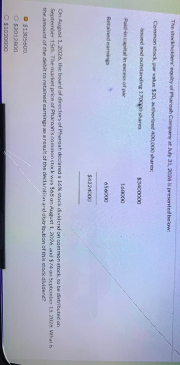 The stockholders' equity of Pharoah Company at July 31, 2026 is presented below:
Common stock, par value $20, authorized 400,000 shares;
issued and outstanding 170000 shares
Paid-in capital in excess of par
Retained earnings
$3400000
168000
656000
$4224000
On August 1, 2026, the board of directors of Pharoah declared a 16% stock dividend on common stock, to be distributed on
September 15th. The market price of Pharoah's common stock was $68 on August 1, 2026, and $74 on September 15, 2026. What is
the amount of the debit to retained earnings as a result of the declaration and distribution of this stock dividend?
O $1305600.
O $2012800.
O $1020000.