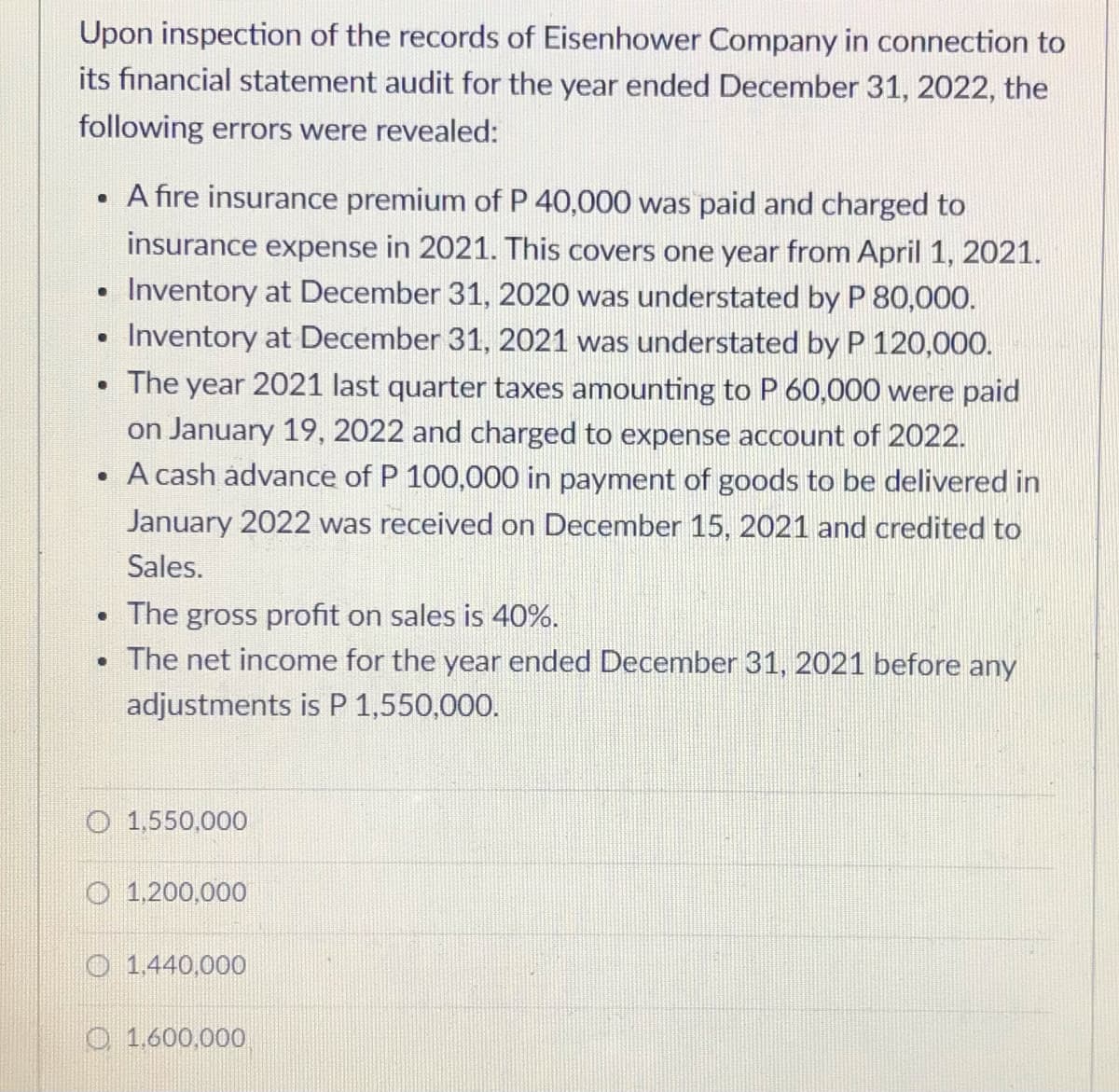 Upon inspection of the records of Eisenhower Company in connection to
its financial statement audit for the year ended December 31, 2022, the
following errors were revealed:
A fire insurance premium of P 40,000 was paid and charged to
insurance expense in 2021. This covers one year from April 1, 2021.
Inventory at December 31, 2020 was understated by P 80,000.
Inventory at December 31, 2021 was understated by P 120,000.
• The year 2021 last quarter taxes amounting to P 60,000 were paid
on January 19, 2022 and charged to expense account of 2022.
A cash advance of P 100,000 in payment of goods to be delivered in
January 2022 was received on December 15, 2021 and credited to
Sales.
• The gross profit on sales is 40%.
The net income for the year ended December 31, 2021 before any
adjustments is P 1,550,000.
O 1,550,000
O 1,200,000
O 1.440,000
O 1.600,000
