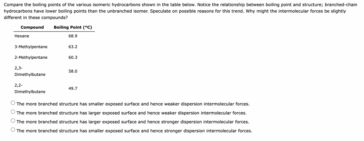 Compare the boiling points of the various isomeric hydrocarbons shown in the table below. Notice the relationship between boiling point and structure; branched-chain
hydrocarbons have lower boiling points than the unbranched isomer. Speculate on possible reasons for this trend. Why might the intermolecular forces be slightly
different in these compounds?
Compound Boiling Point (°C)
68.9
Hexane
3-Methylpentane
2-Methylpentane
2,3-
Dimethylbutane
2,2-
Dimethylbutane
63.2
60.3
58.0
49.7
The more branched structure has smaller exposed surface and hence weaker dispersion intermolecular forces.
The more branched structure has larger exposed surface and hence weaker dispersion intermolecular forces.
The more branched structure has larger exposed surface and hence stronger dispersion intermolecular forces.
The more branched structure has smaller exposed surface and hence stronger dispersion intermolecular forces.