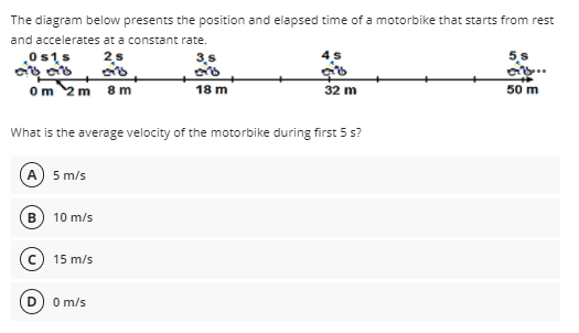 The diagram below presents the position and elapsed time of a motorbike that starts from rest
and accelerates at a constant rate.
Os1s
25
3,5
Om 2m
8 m
18 m
32 m
50 m
What is the average velocity of the motorbike during first 5 s?
(A) 5 m/s
B) 10 m/s
15 m/s
D) O m/s
