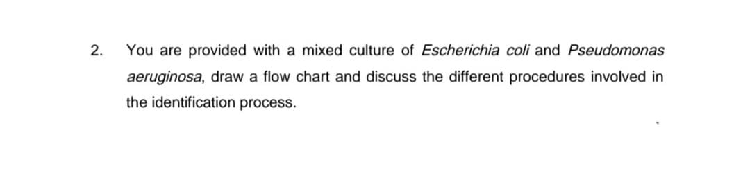 You are provided with a mixed culture of Escherichia coli and Pseudomonas
aeruginosa, draw a flow chart and discuss the different procedures involved in
the identification process.
2.
