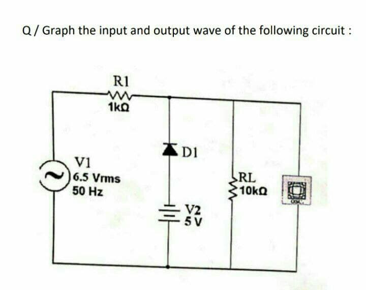 Q/ Graph the input and output wave of the following circuit :
R1
1kO
ADI
V1
RL
6.5 Vrms
10kQ
50 Hz
V2
5 V
