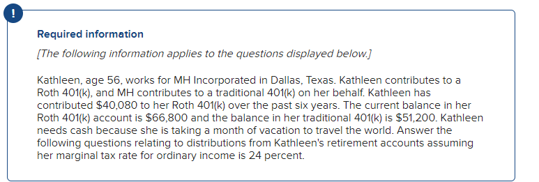 !
Required information
[The following information applies to the questions displayed below.]
Kathleen, age 56, works for MH Incorporated in Dallas, Texas. Kathleen contributes to a
Roth 401(k), and MH contributes to a traditional 401(k) on her behalf. Kathleen has
contributed $40,080 to her Roth 401(k) over the past six years. The current balance in her
Roth 401(k) account is $66,800 and the balance in her traditional 401(k) is $51,200. Kathleen
needs cash because she is taking a month of vacation to travel the world. Answer the
following questions relating to distributions from Kathleen's retirement accounts assuming
her marginal tax rate for ordinary income is 24 percent.