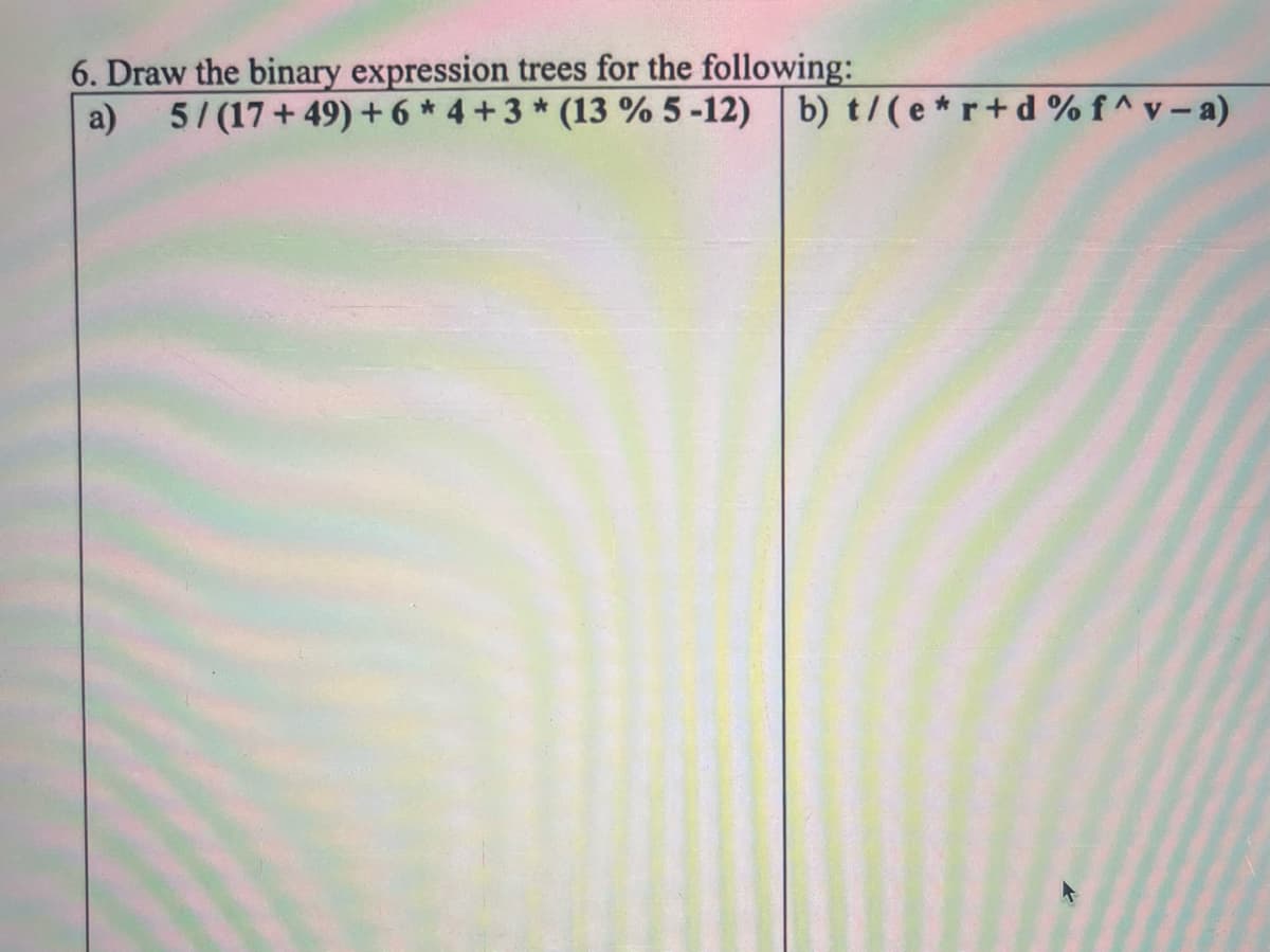 6. Draw the binary expression trees for the following:
a) 5/(17+49) + 6*4+3* (13 % 5-12) b) t/(e*r+d%f^v-a)