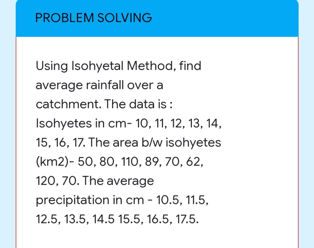 PROBLEM SOLVING
Using Isohyetal Method, find
average rainfall over a
catchment. The data is :
Isohyetes in cm- 10, 11, 12, 13, 14,
15, 16, 17. The area b/w isohyetes
(km2)- 50, 80, 110, 89, 70, 62,
120, 70. The average
precipitation in cm - 10.5, 11.5,
12.5, 13.5, 14.5 15.5, 16.5, 17.5.