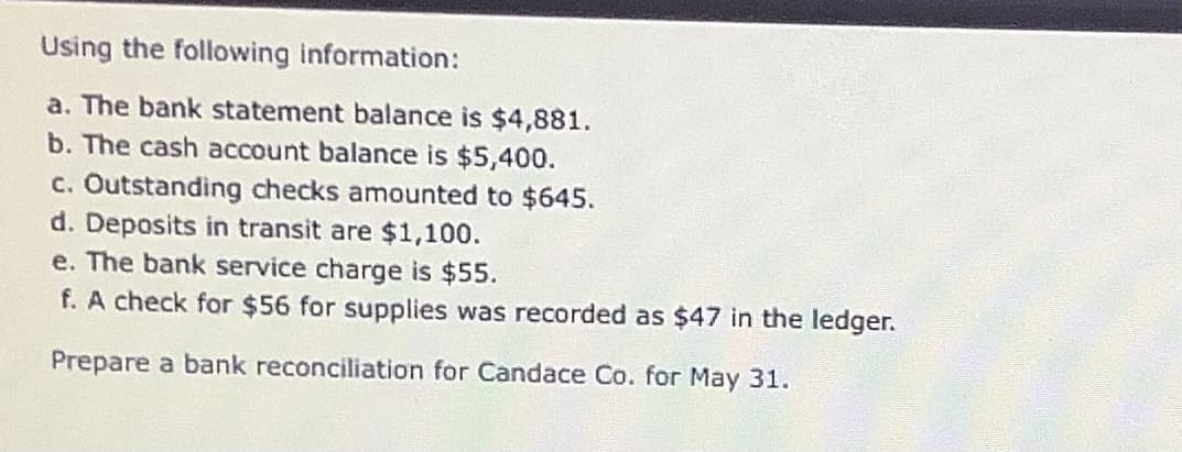 Using the following information:
a. The bank statement balance is $4,881.
b. The cash account balance is $5,400.
c. Outstanding checks amounted to $645.
d. Deposits in transit are $1,100.
e. The bank service charge is $55.
f. A check for $56 for supplies was recorded as $47 in the ledger.
Prepare a bank reconciliation for Candace Co. for May 31.
