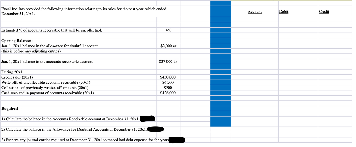 Excel Inc. has provided the following information relating to its sales for the past year, which ended
December 31, 20x1.
Асcount
Debit
Credit
Estimated % of accounts receivable that will be uncollectable
4%
Opening Balances:
Jan. 1, 20x1 balance in the allowance for doubtful account
$2,000 cr
|(this is before any adjusting entries)
Jan. 1, 20x1 balance in the accounts receivable account
$37,000 dr
During 20x1:
Credit sales (20x1)
$450,000
$6,200
Write offs of uncollectible accounts receivable (20x1)
$900
Collections of previously written off amounts (20x1)
Cash received in payment of accounts receivable (20x1)
$426,000
Required –
1) Calculate the balance in the Accounts Receivable account at December 31, 20x1.
2) Calculate the balance in the Allowance for Doubtful Accounts at December 31, 20x1.
3) Prepare any journal entries required at December 31, 20x1 to record bad debt expense for the year.
