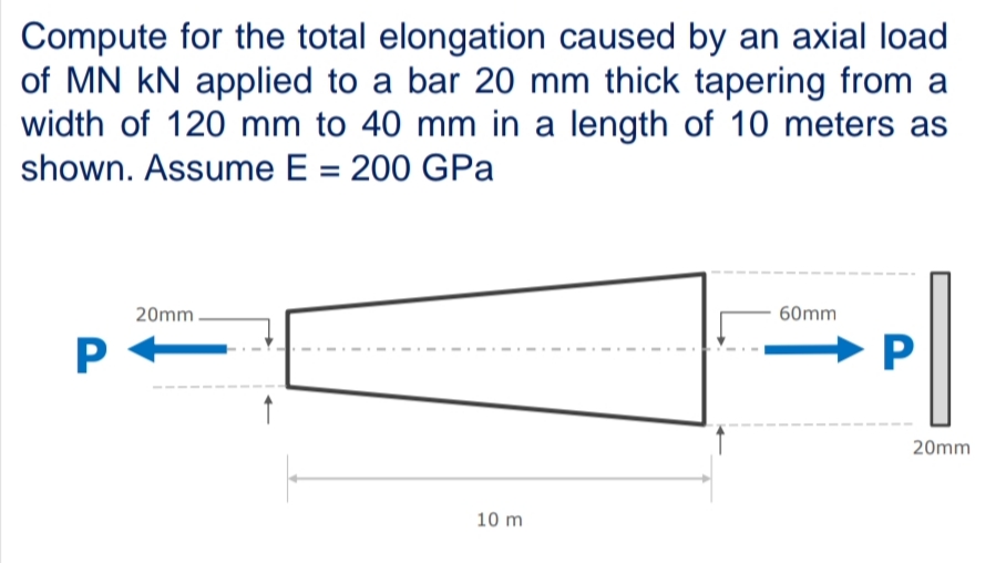 Compute for the total elongation caused by an axial load
of MN kN applied to a bar 20 mm thick tapering from a
width of 120 mm to 40 mm in a length of 10 meters as
shown. Assume E = 200 GPa
20mm.
60mm
20mm
10 m
