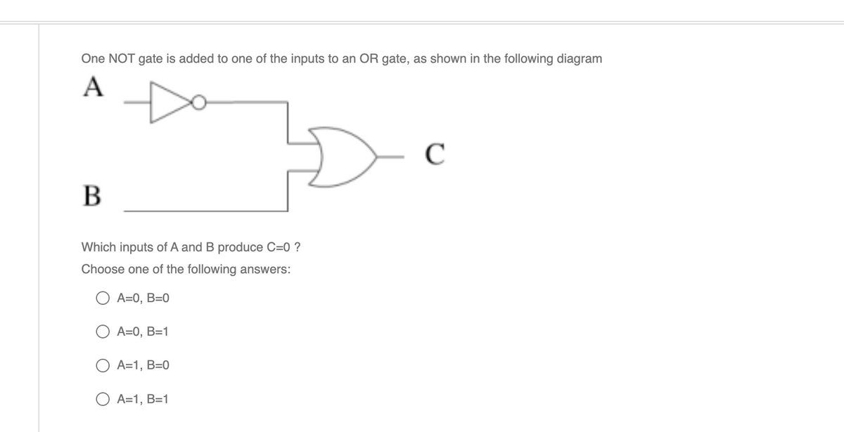 One NOT gate is added to one of the inputs to an OR gate, as shown in the following diagram
A
B
Which inputs of A and B produce C=0 ?
Choose one of the following answers:
O A=0, B=0
O A=0, B=1
A=1, B=0
O A=1, B=1
с
