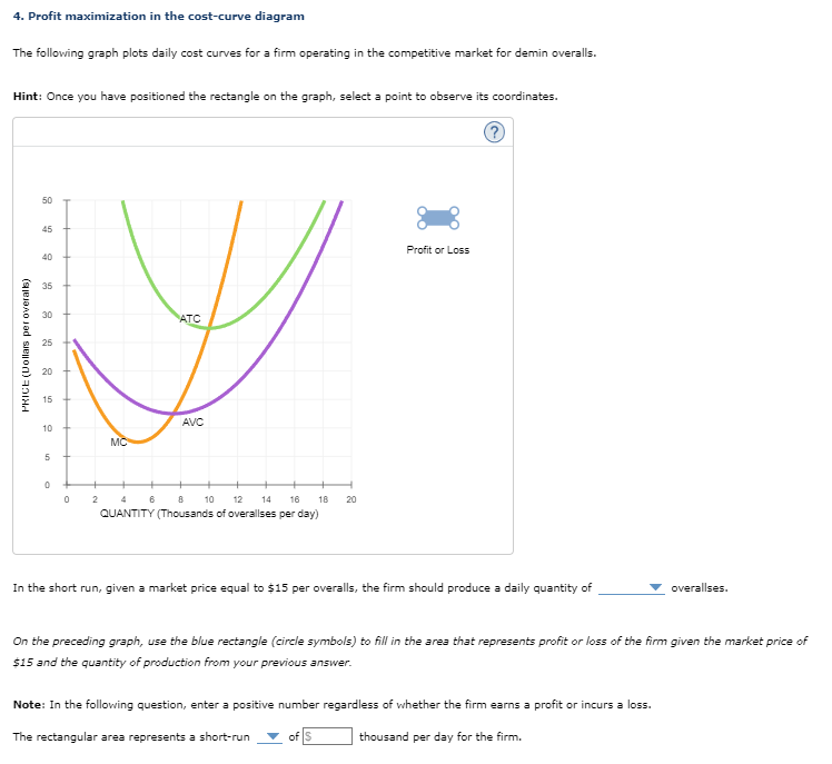 4. Profit maximization in the cost-curve diagram
The following graph plots daily cost curves for a firm operating in the competitive market for demin overalls.
Hint: Once you have positioned the rectangle on the graph, select a point to observe its coordinates.
PRICE (Dollars per overalls)
50
45
40
35
30
ATC
25
20
15
AVC
10
MC
5
0
0
2 4 6 8 10 12
14
16
18
20
QUANTITY (Thousands of overallses per day)
Profit or Loss
In the short run, given a market price equal to $15 per overalls, the firm should produce a daily quantity of
overallses.
On the preceding graph, use the blue rectangle (circle symbols) to fill in the area that represents profit or loss of the firm given the market price of
$15 and the quantity of production from your previous answer.
Note: In the following question, enter a positive number regardless of whether the firm earns a profit or incurs a loss.
The rectangular area represents a short-run
of S
thousand per day for the firm.