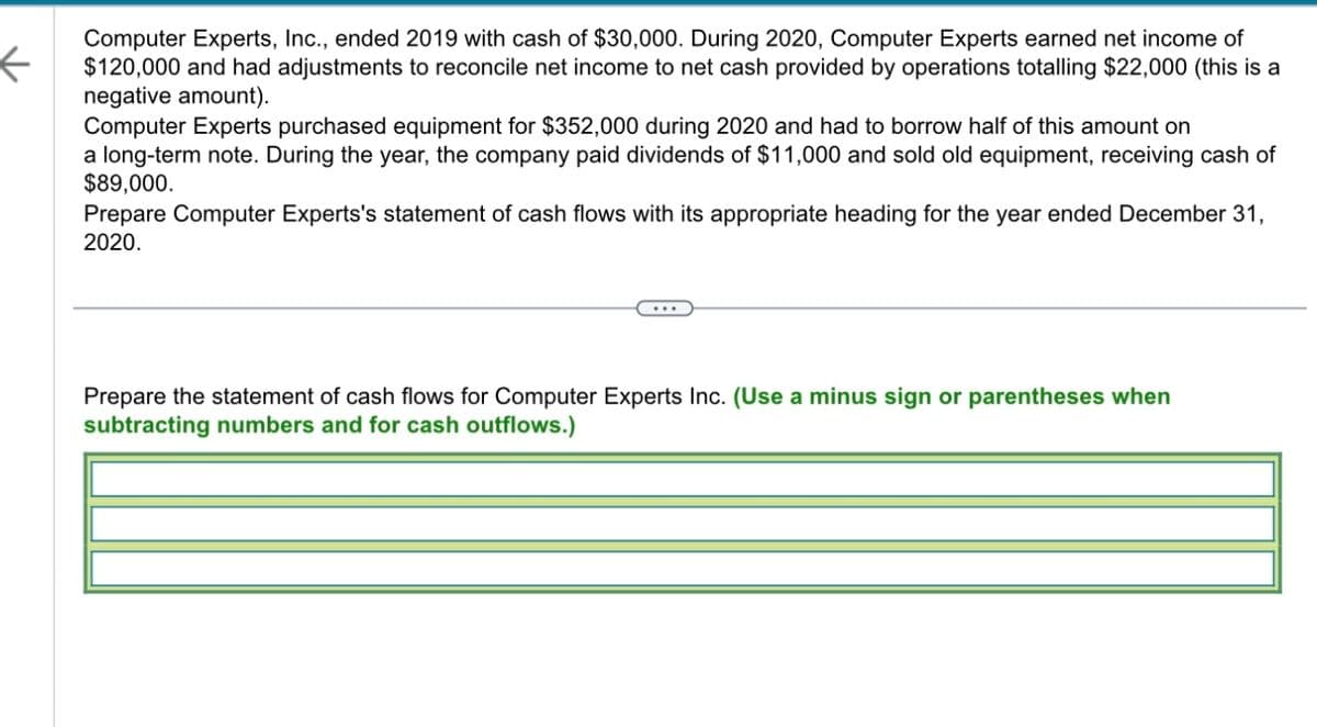 ←
Computer Experts, Inc., ended 2019 with cash of $30,000. During 2020, Computer Experts earned net income of
$120,000 and had adjustments to reconcile net income to net cash provided by operations totalling $22,000 (this is a
negative amount).
Computer Experts purchased equipment for $352,000 during 2020 and had to borrow half of this amount on
a long-term note. During the year, the company paid dividends of $11,000 and sold old equipment, receiving cash of
$89,000.
Prepare Computer Experts's statement of cash flows with its appropriate heading for the year ended December 31,
2020.
Prepare the statement of cash flows for Computer Experts Inc. (Use a minus sign or parentheses when
subtracting numbers and for cash outflows.)