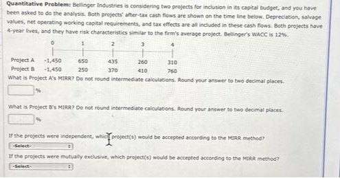 Quantitative Problem: Bellinger Industries is considering two projects for inclusion in its capital budget, and you have
been asked to do the analysis. Both projects' after-tax cash flows are shown on the time line below. Depreciation, salvage
values, net operating working capital requirements, and tax effects are all included in these cash flows. Both projects have
4-year lives, and they have risk characteristics similar to the firm's average project. Bellinger's WACC is 12%.
0
1
2
3
Project A
-1,450
650
250
Project B -1,450
What is Project A's MIRR? Do not round intermediate calculations. Round your answer to two decimal places.
435
370
260
410
310
760
What is Project B's MIRR? Do not round intermediate calculations. Round your answer to two decimal places.
If the projects were independent, which project(s) would be accepted according to the MIRR method?
-Select-
If the projects were mutually exclusive, which project(s) would be accepted according to the MIRR method?
-Select-