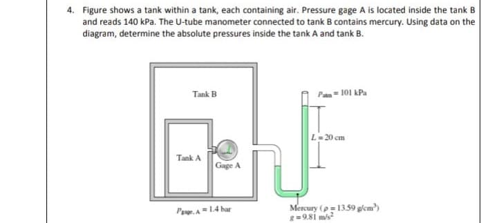 4. Figure shows a tank within a tank, each containing air. Pressure gage A is located inside the tank B
and reads 140 kPa. The U-tube manometer connected to tank B contains mercury. Using data on the
diagram, determine the absolute pressures inside the tank A and tank B.
Tank B
P= 101 kPa
L=20 cm
Tank A
Gage A
Mercury (p =13.59 g/cm?)
g=9.8i m/s?
Peor. A=14 bar

