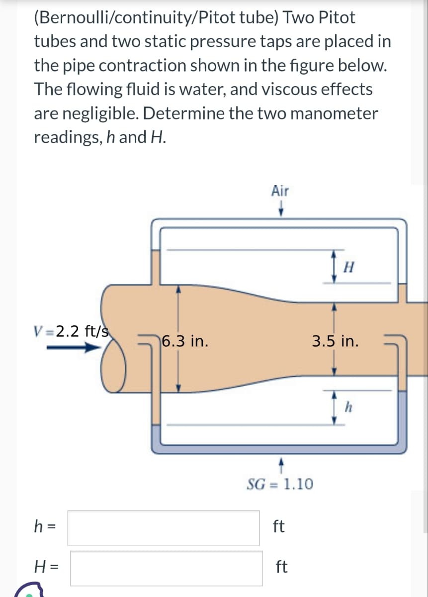 (Bernoulli/continuity/Pitot tube) Two Pitot
tubes and two static pressure taps are placed in
the pipe contraction shown in the figure below.
The flowing fluid is water, and viscous effects
are negligible. Determine the two manometer
readings, h and H.
V=2.2 ft/s
h =
H=
6.3 in.
70⁰0
Air
↓
SG= 1.10
ft
ft
H
3.5 in.
h