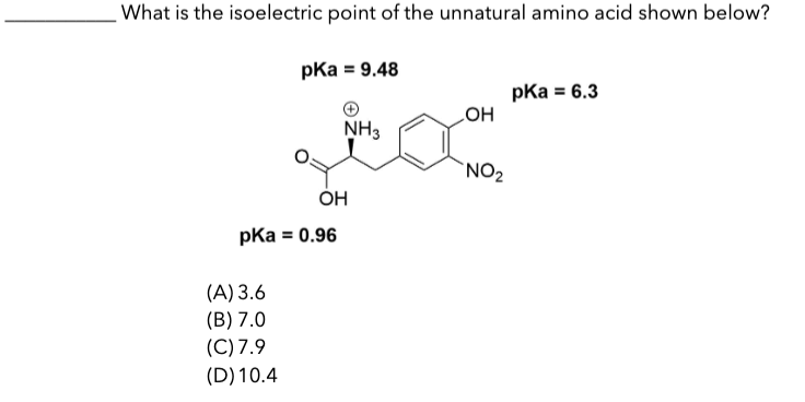 What is the isoelectric point of the unnatural amino acid shown below?
(A) 3.6
(B) 7.0
pka = 9.48
pka = 0.96
(C) 7.9
(D) 10.4
NH3
OH
OH
NO₂
pka = 6.3