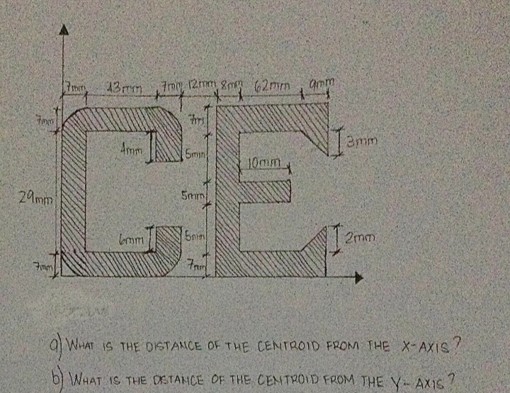 CE
13mm
7m 12mm gm 62mm
amm
3mm
Amm
Smin
10mm
29mm
5mm
bmm
5nm
2mm
Fmm
9 WHAT IS THE DISTANCE OF THE CENTROID FROM THE X-AXIS
b) WHAT IS THE DSTAMCE OF THE CEMTROD FROM THE Y- AXIS
