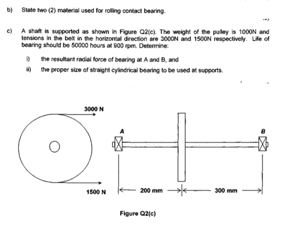 b)
State two (2) material used for rolling contact bearing.
c)
A shaft is supported as shown in Figure Q2(c). The weight of the pulley is 1000N and
tensions in the belt in the horizontal direction are 3000N and 1500N respectively. Life of
bearing shoutd be 50000 hours at 900 rpm. Determine:
i)
the resultant radial force of bearing at A and B, and
ii)
the proper size of straight cylindrical bearing to be used at supports.
3000 N
A
B
1500 N
200 mm
300 mm
Figure Q2(c)
