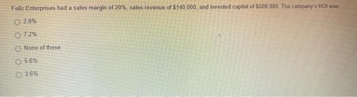 Feliz Enterprises had a sales margin of 20%, sales revenue of $140,000, and invested capital of $500,000. The company's ROI was
O 2.8%
07.2%
O None of these
O 5.6%
O 3.6%