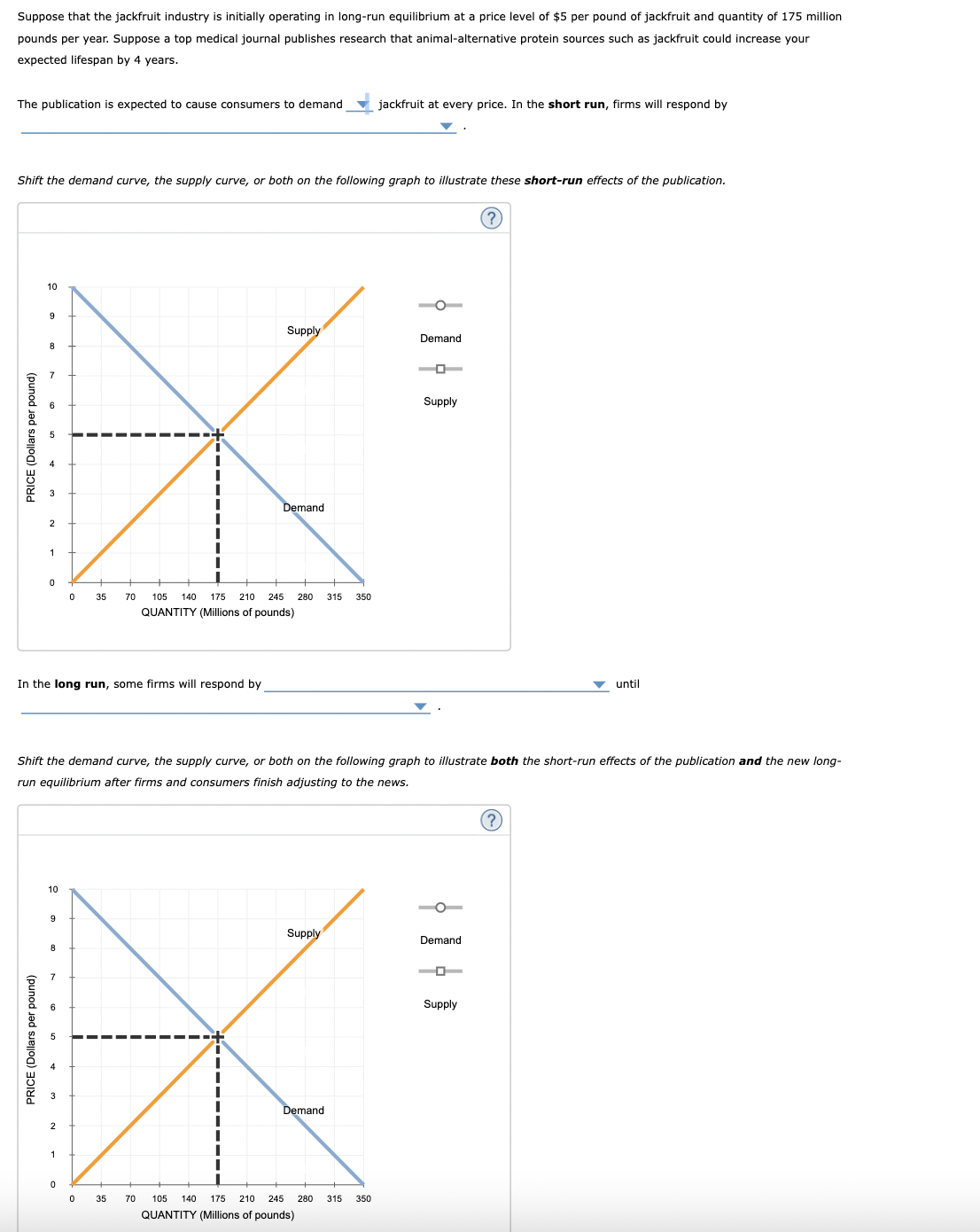 Suppose that the jackfruit industry is initially operating in long-run equilibrium at a price level of $5 per pound of jackfruit and quantity of 175 million
pounds per year. Suppose a top medical journal publishes research that animal-alternative protein sources such as jackfruit could increase your
expected lifespan by 4 years.
The publication is expected to cause consumers to demand
Shift the demand curve, the supply curve, or both on the following graph to illustrate these short-run effects of the publication.
PRICE (Dollars per pound)
10
9
PRICE (Dollars per pound)
8
0
In the long run, some firms will respond by
10
9
0
8
35
0
Supply
0 35
Demand
70 105 140 175 210 245 280 315 350
QUANTITY (Millions of pounds)
Shift the demand curve, the supply curve, or both on the following graph to illustrate both the short-run effects of the publication and the new long-
run equilibrium after firms and consumers finish adjusting to the news.
Supply
jackfruit at every price. In the short run, firms will respond by
Demand
70 105 140 175 210 245 280 315 350
QUANTITY (Millions of pounds)
Demand
-
Supply
Demand
(?)
Supply
until
(?)