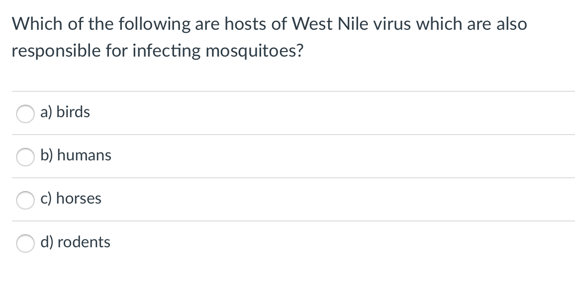 Which of the following are hosts of West Nile virus which are also
responsible for infecting mosquitoes?
a) birds
b) humans
c) horses
d) rodents