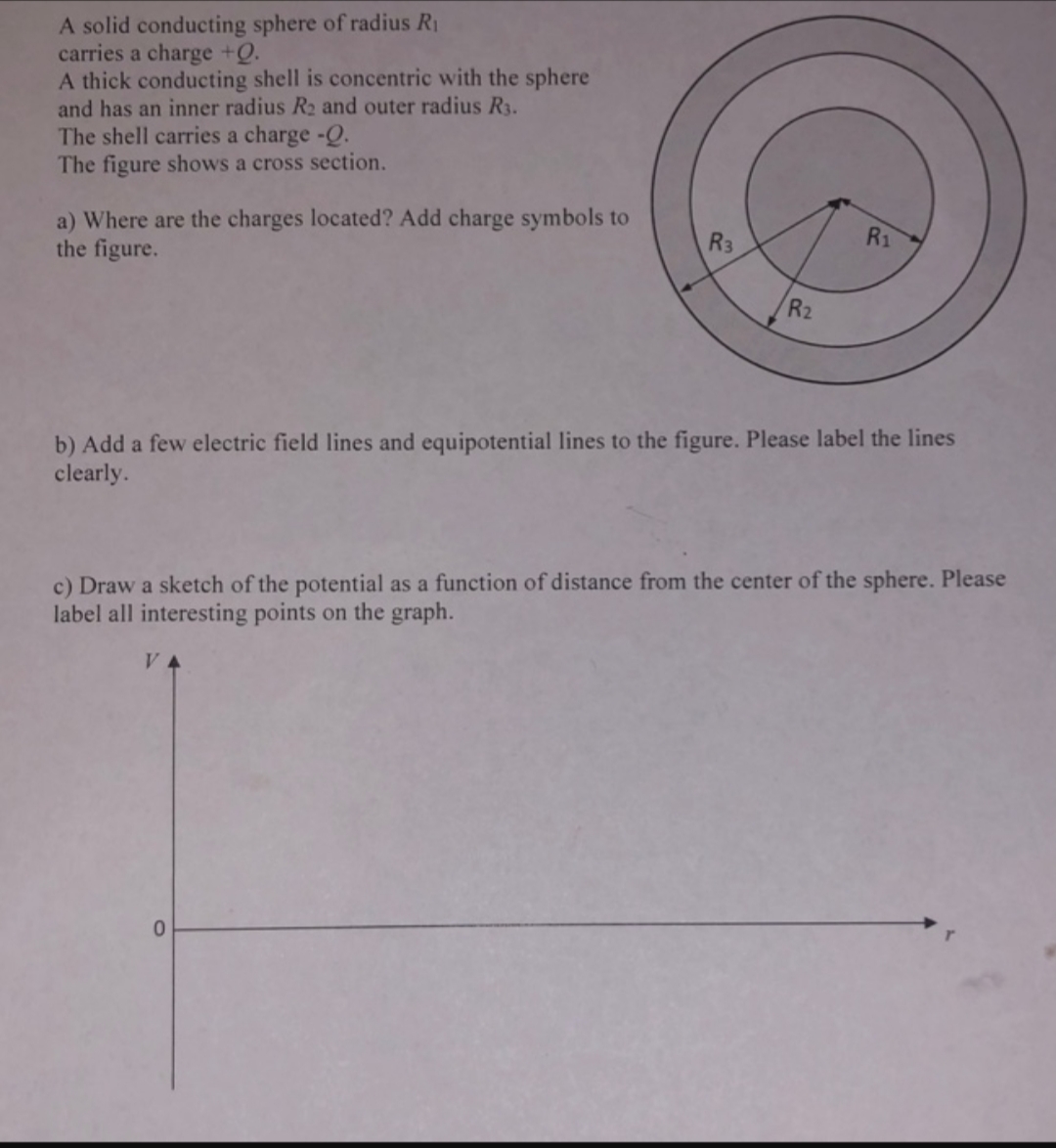 A solid conducting sphere of radius R
carries a charge +Q.
A thick conducting shell is concentric with the sphere
and has an inner radius R2 and outer radius R3.
The shell carries a charge -Q.
The figure shows a cross section.
a) Where are the charges located? Add charge symbols to
the figure.
R1
R3
R2
b) Add a few electric field lines and equipotential lines to the figure. Please label the lines
clearly.
c) Draw a sketch of the potential as a function of distance from the center of the sphere. Please
label all interesting points on the graph.
