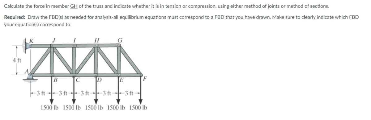 Calculate the force in member GH of the truss and indicate whether it is in tension or compression, using either method of joints or method of sections.
Required: Draw the FBD(s) as needed for analysis-all equilibrium equations must correspond to a FBD that you have drawn. Make sure to clearly indicate which FBD
your equation(s) correspond to.
K
J
H
4 ft
C
- 3 ft 3 ft -- 3 ft- 3 ft-3 ft
1500 lb 1500 lb 1500 lb 1500 lb 1500 lb
