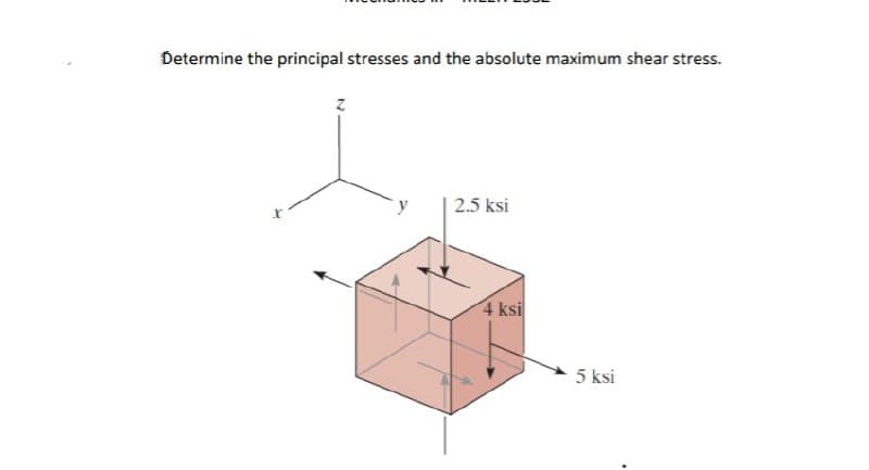 Determine the principal stresses and the absolute maximum shear stress.
2.5 ksi
4 ksi
5 ksi
