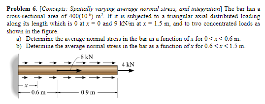 Problem 6. [Concepts: Spatially varying average normal stress, and integration] The bar has a
cross-sectional area of 400(106) m². If it is subjected to a triangular axial distributed loading
along its length which is 0 at x = 0 and 9 kN/m at x = 1.5 m, and to two concentrated loads as
shown in the figure.
a) Determine the average normal stress in the bar as a function of x for 0<x< 0.6 m.
b) Determine the average normal stress in the bar as a function of x for 0.6<x< 1.5 m.
-8 kN
-0.6 m
0.9 m
4 kN