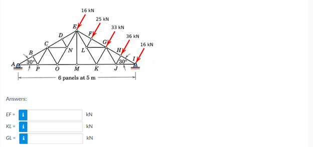 16 kN
25 kN
E
33 kN
F
36 kN
GI
16 kN
30
30
M K
6 panels at 5 m
Answers:
EF =
i
kN
KL =
kN
GL=
i
kN
