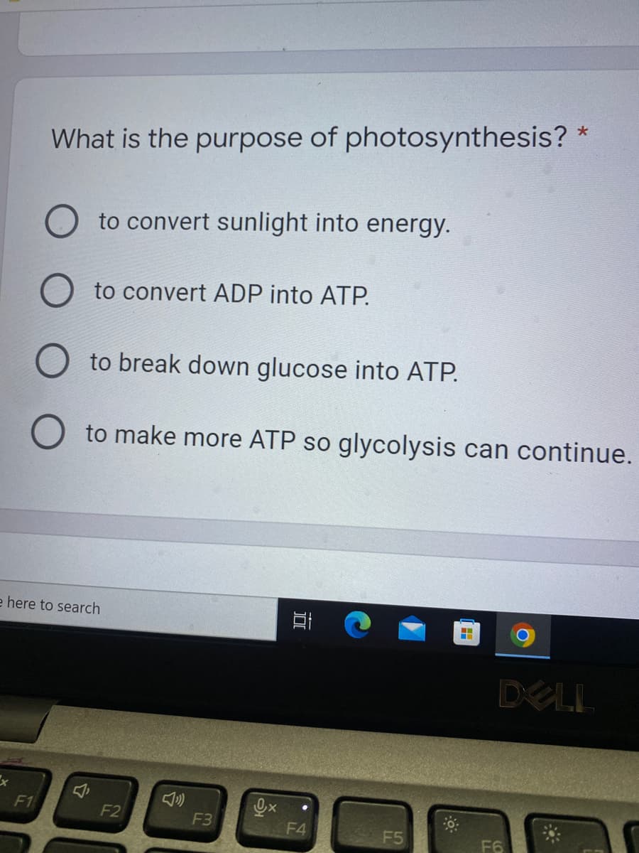 What is the purpose of photosynthesis?
to convert sunlight into energy.
to convert ADP into ATP.
to break down glucose into ATP.
O to make more ATP so glycolysis can continue.
e here to search
■
DELL
F1
F2
3
F3
1
I
F4
F5
F6