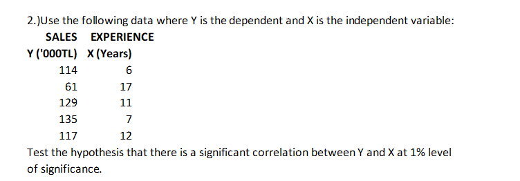 2.)Use the following data where Y is the dependent and X is the independent variable:
SALES EXPERIENCE
Y ('000TL) X(Years)
114
61
129
135
117
6
17
11
7
12
Test the hypothesis that there is a significant correlation between Y and X at 1% level
of significance.