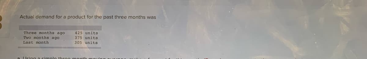Actual demand for a product for the past three months was
Three months ago
Two months ago
425 units
375 units
Last month
305 units
LIsing a simplo throo month mo
