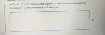 Let
Determine the values of, and so that has a point of
inflection at -2, a local minimum at -1, and 00-1