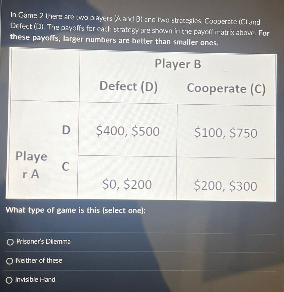 In Game 2 there are two players (A and B) and two strategies, Cooperate (C) and
Defect (D). The payoffs for each strategy are shown in the payoff matrix above. For
these payoffs, larger numbers are better than smaller ones.
Player B
Defect (D)
Cooperate (C)
D
$400, $500
$100, $750
Playe
C
r A
$0, $200
$200, $300
What type of game is this (select one):
O Prisoner's Dilemma
ONeither of these
O Invisible Hand