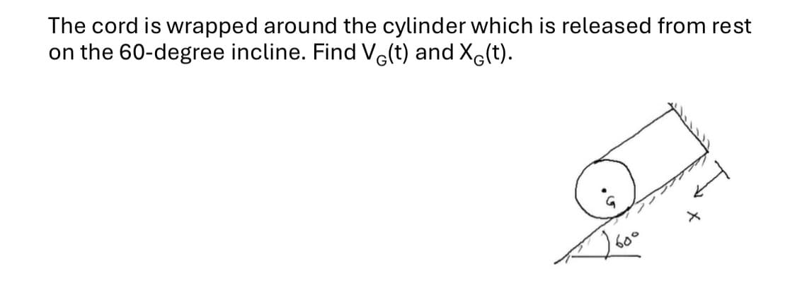 The cord is wrapped around the cylinder which is released from rest
on the 60-degree incline. Find Vε(t) and Xε(t).