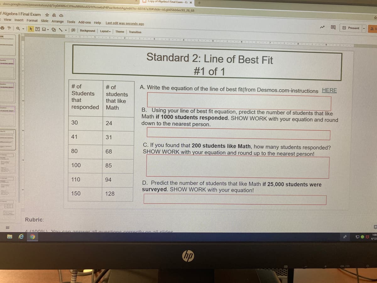 O Copy of Algebra I Final Exam - G x
adocs.google.com/presentation/d/1ry04WKcCUYeulWtAru6SI1tYvzw6sP4PualkrbstAg/edit?ts=60747a30#slide-id.gb05bbbec93_26 68
f Algebra I Final Exam
: View Insert Format Slide Arrange Tools Add-ons Help
%23
Last edit was seconds ago
IT
O Present
Background Layout-
Theme
Transition
M 1 I 2 I 3 I 4 I S E 7
..B ...I .. 9. ..E
Standard 2: Line of Best Fit
#1 of 1
# of
# of
A. Write the equation of the line of best fit(from Desmos.com-instructions HERE
Students
students
that like
responded Math
that
B. Using your line of best fit equation, predict the number of students that like
Math if 1000 students responded. SHOW WORK with your equation and round
down to the nearest person.
30
24
41
31
C. If you found that 200 students like Math, how many students responded?
SHOW WORK with your equation and round up to the nearest person!
80
68
100
85
110
94
D. Predict the number of students that like Math if 25,000 students were
surveyed. SHOW WORK with your equation!
150
128
Rubric:
4(100% Vou con answer ll
1:08
4/12
