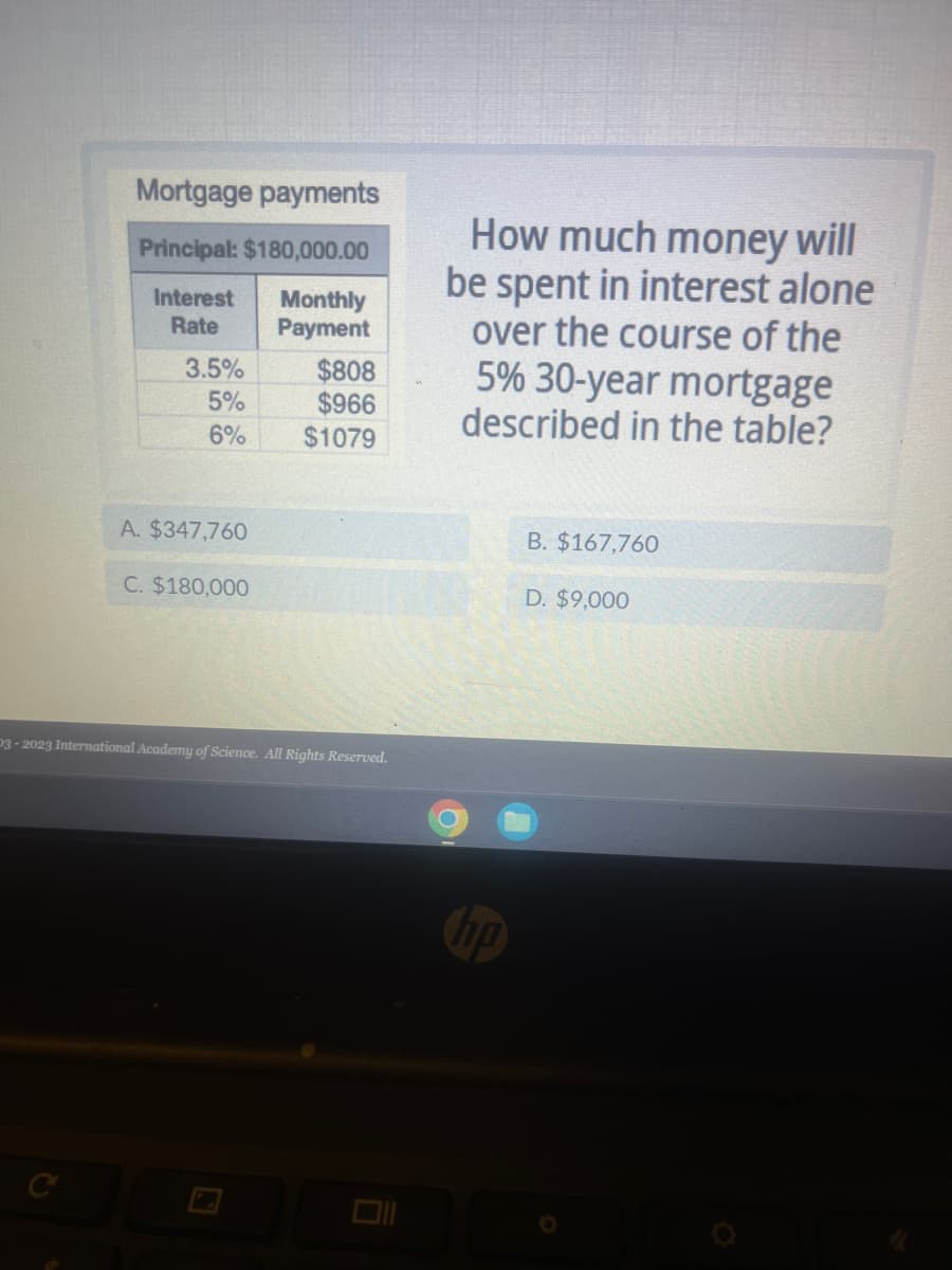 Mortgage payments
Principal: $180,000.00
Interest Monthly
Rate
Payment
3.5%
5%
6%
A. $347,760
C. $180,000
$808
$966
$1079
03-2023 International Academy of Science. All Rights Reserved.
How much money will
be spent in interest alone
over the course of the
5% 30-year mortgage
described in the table?
B. $167,760
D. $9,000