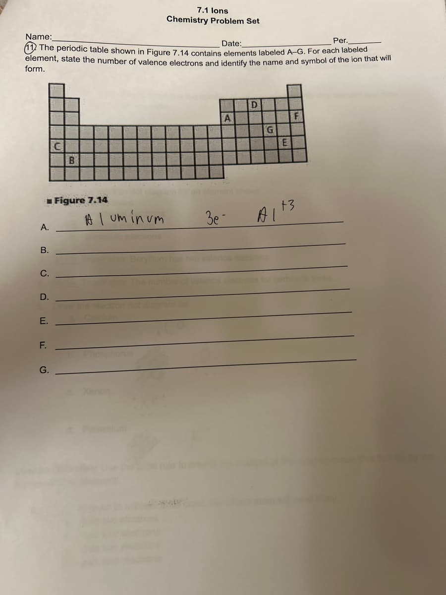 Name:
7.1 lons
Chemistry Problem Set
Date:
Per.
The periodic table shown in Figure 7.14 contains elements labeled A-G. For each labeled
element, state the number of valence electrons and identify the name and symbol of the ion that will
form.
C
B
D
A
F
G
E
■Figure 7.14
Aluminum
+3
3e-
Al
A.
B.
C.
D.
E.
F.
G.