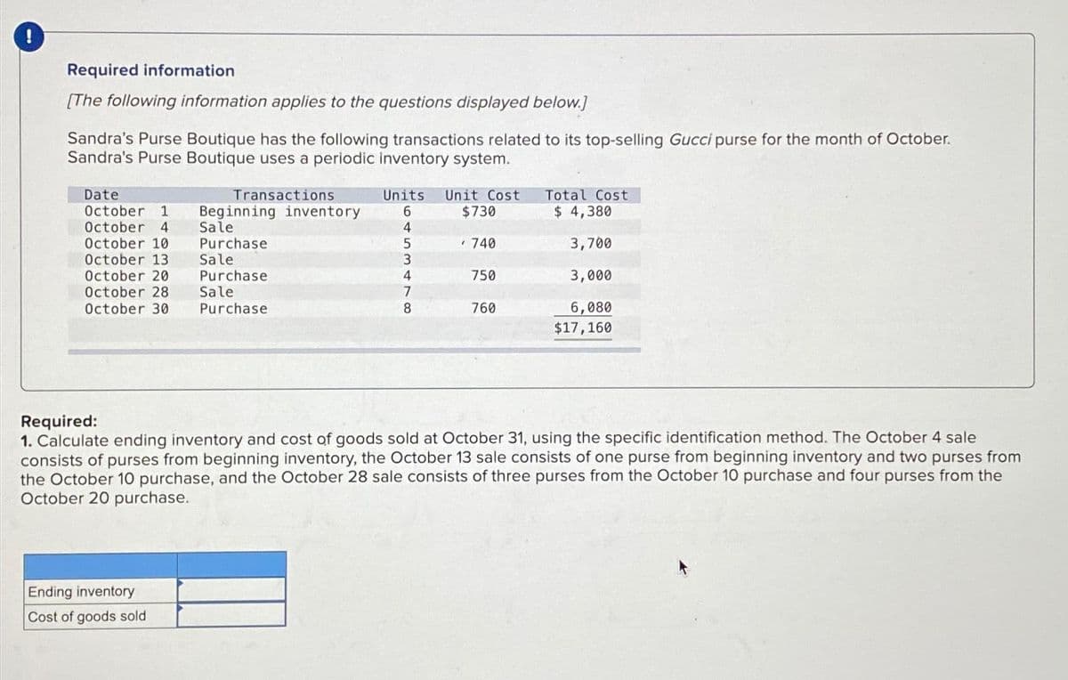 !
Required information
[The following information applies to the questions displayed below.]
Sandra's Purse Boutique has the following transactions related to its top-selling Gucci purse for the month of October.
Sandra's Purse Boutique uses a periodic inventory system.
Date
October 1
October 4
October 10
October 13
October 20
October 28
October 30
Transactions
Ending inventory
Cost of goods sold
Beginning inventory
Sale
Purchase
Sale
Purchase
Sale
Purchase
Units Unit Cost
$730
6
4
5
3
4
7
8
. 740
750
760
Total Cost
$ 4,380
3,700
3,000
6,080
$17,160
Required:
1. Calculate ending inventory and cost of goods sold at October 31, using the specific identification method. The October 4 sale
consists of purses from beginning inventory, the October 13 sale consists of one purse from beginning inventory and two purses from
the October 10 purchase, and the October 28 sale consists of three purses from the October 10 purchase and four purses from the
October 20 purchase.