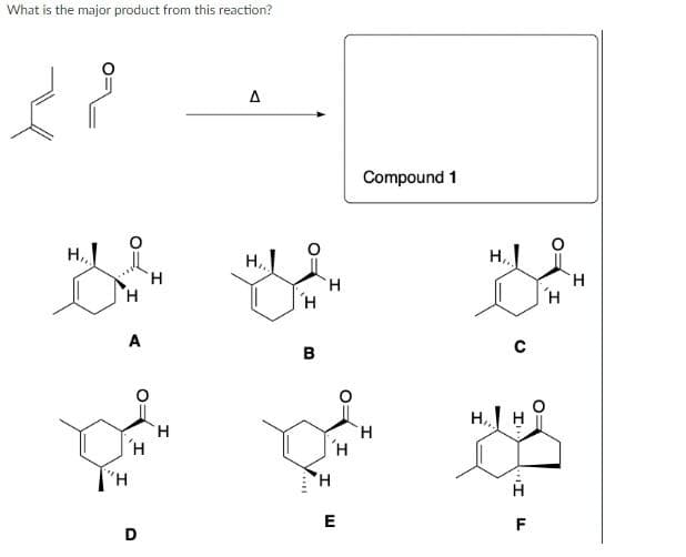 What is the major product from this reaction?
مریم
H,,,
A
""H
H
D
H
H
A
H,,
H
B
H
H
H
E
Compound 1
H
H,,
H,,
C
I
I'
F
I
H