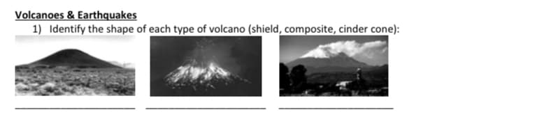 Volcanoes & Earthquakes
1) Identify the shape of each type of volcano (shield, composite, cinder cone):
