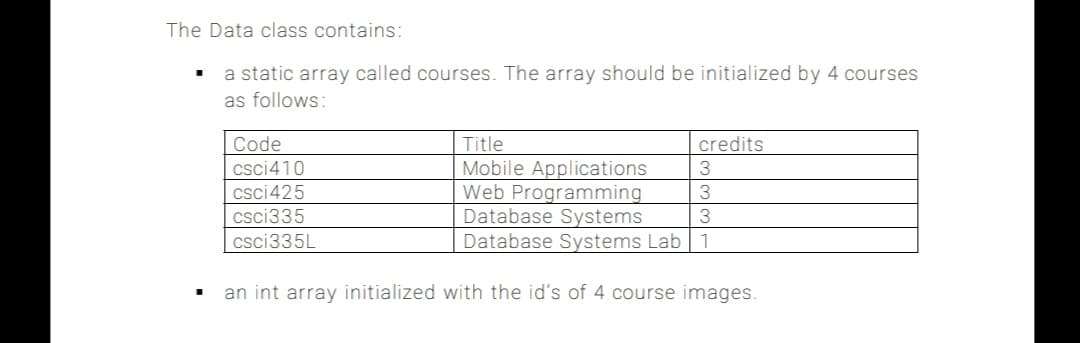 The Data class contains:
a static array called courses. The array should be initialized by 4 courses
as follows:
Code
Title
credits
Mobile Applications
Web Programming
Database Systems
Database Systems Lab 1
csci410
csci425
csci335
csci335L
an int array initialized with the id's of 4 course images.
