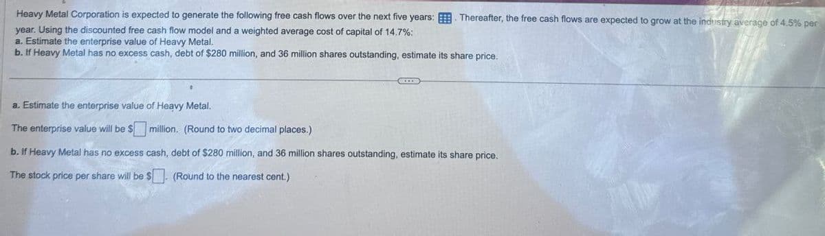 Heavy Metal Corporation is expected to generate the following free cash flows over the next five years: Thereafter, the free cash flows are expected to grow at the industry average of 4.5% per
year. Using the discounted free cash flow model and a weighted average cost of capital of 14.7%:
a. Estimate the enterprise value of Heavy Metal.
b. If Heavy Metal has no excess cash, debt of $280 million, and 36 million shares outstanding, estimate its share price.
a. Estimate the enterprise value of Heavy Metal.
The enterprise value will be $
million. (Round to two decimal places.)
b. If Heavy Metal has no excess cash, debt of $280 million, and 36 million shares outstanding, estimate its share price.
The stock price per share will be $ (Round to the nearest cent.)