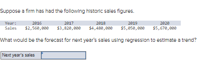 Suppose a firm has had the following historic sales figures.
Year:
2016
2017
2018
2019
20280
$5,670,000
Sales $2,560,000 $3,820,000
$4,480,000 $5,050,000
What would be the forecast for next year's sales using regression to estimate a trend?
Next year's sales