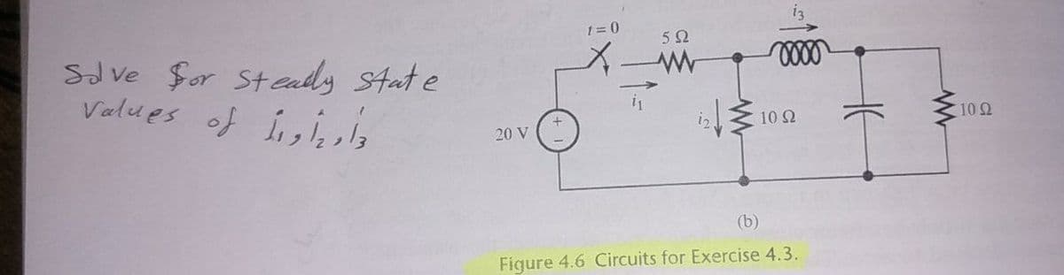 1 = 0
5Ω
Sd ve for Steally state
Values of ,i, ,l,
11
10 2
10Ω
20 V
(b)
Figure 4.6 Circuits for Exercise 4.3.
