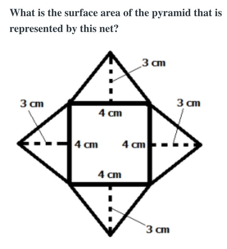 What is the surface area of the pyramid that is
represented by this net?
3 cm
4 cm
4 cm
3 cm
4 cm
4 cm
3 cm
3 cm
