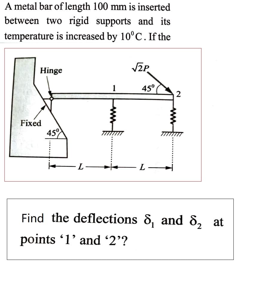 A metal bar of length 100 mm is inserted
between two rigid supports and its
temperature is increased by 10°C. If the
Hinge
1
45°
Fixed
450
L
Find the deflections 8, and 8, at
points 1' and '2'?
