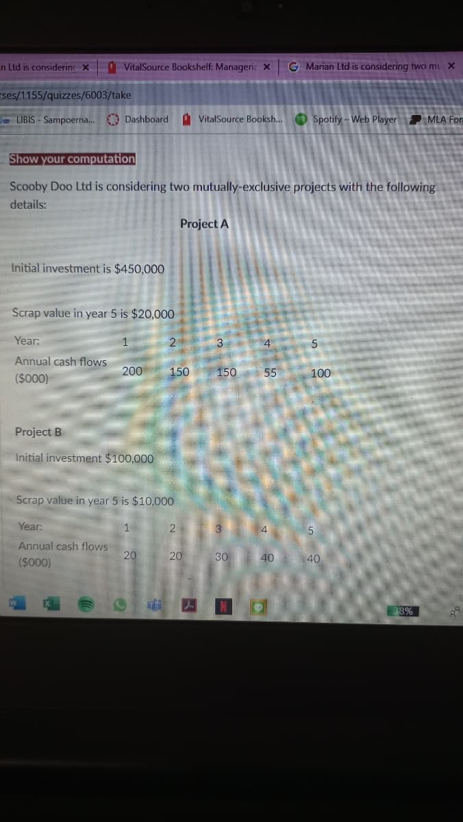 n Ltd is considerinc X
O VitalSource Bookshelf: Manageria X
G Marian Ltd is considering two mu X
ses/1155/quizzes/6003/take
- LIBIS - Sampoerna... Dashboard
A VitalSource Booksh...
O Spotify - Web Player MLA For
Show your computation
Scooby Doo Ltd is considering two mutually-exclusive projects with the following
details:
Project A
Initial investment is $450,000
Scrap value in year 5 is $20,000
Year:
1
3
4
5
Annual cash flows
200
150
150
55
100
($000)
Project B
Initial investment $100,000
Scrap value in year 5 is $10,000
Year:
1
2
3
4
Annual cash flows
($000)
20
20
30
40
40
33%
