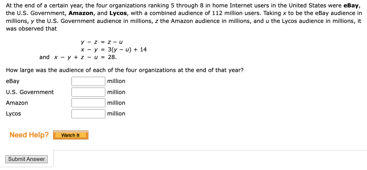 At the end of a certain year, the four organizations ranking 5 through 8 in home Internet users in the United States were eBay,
the U.S. Government, Amazon, and Lycos, with a combined audience of 112 million users. Taking x to be the eBay audience in
millions, y the U.S. Government audience in millions, z the Amazon audience in millions, and u the Lycos audience in millions, it
was observed that
y-z = z-u
xy=3(yu) + 14
and xy + z
-
u = 28.
How large was the audience of each of the four organizations at the end of that year?
eBay
U.S. Government
Amazon
Lycos
million
million
million
million
Need Help?
Watch It
Submit Answer